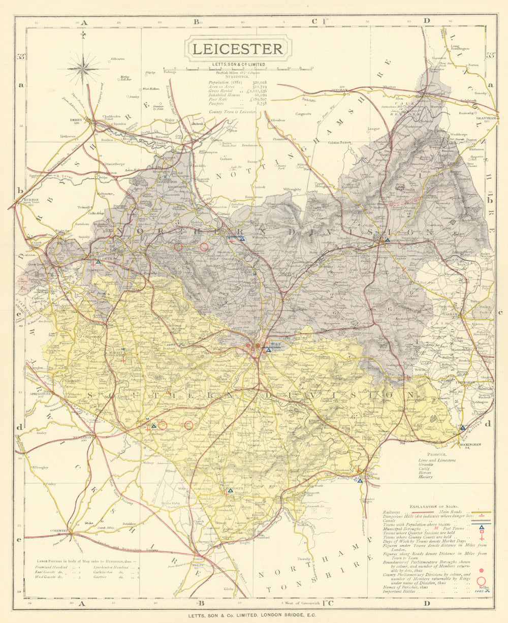 Leicestershire county map showing Post Towns & Market Days. LETTS 1884 old