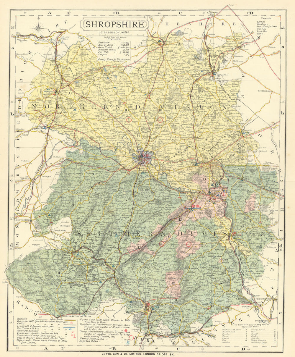 Shropshire county map showing Post Towns & Market Days. LETTS 1884 old