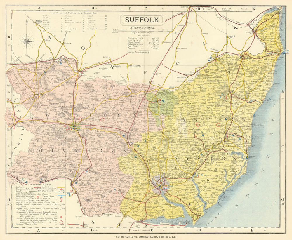 Suffolk county map showing Post Towns & Market Days. LETTS 1884 old