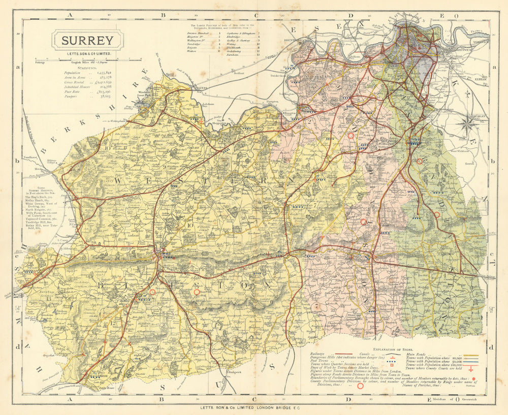 Surrey county map showing Post Towns & Market Days. LETTS 1884 old antique