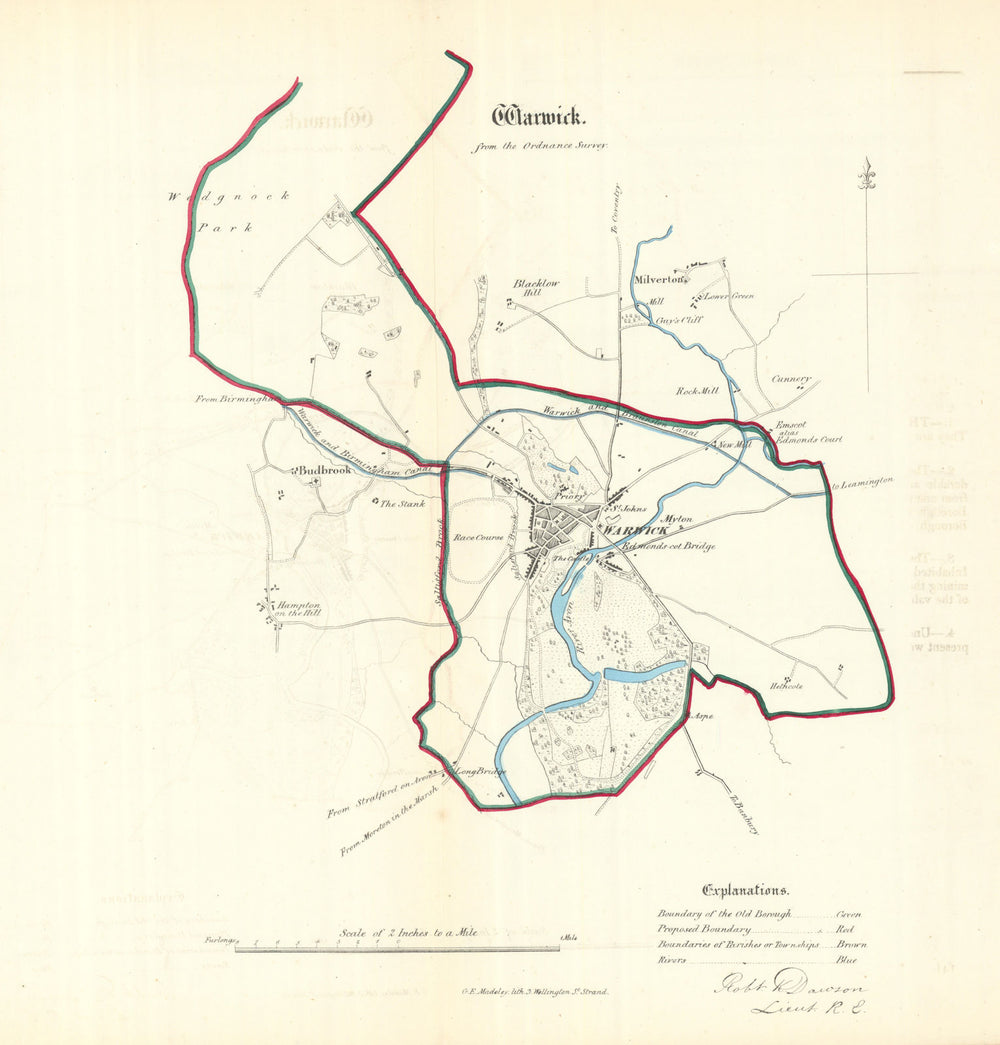 WARWICK borough/town plan. REFORM ACT. Budbrooke Milverton. DAWSON 1832 map