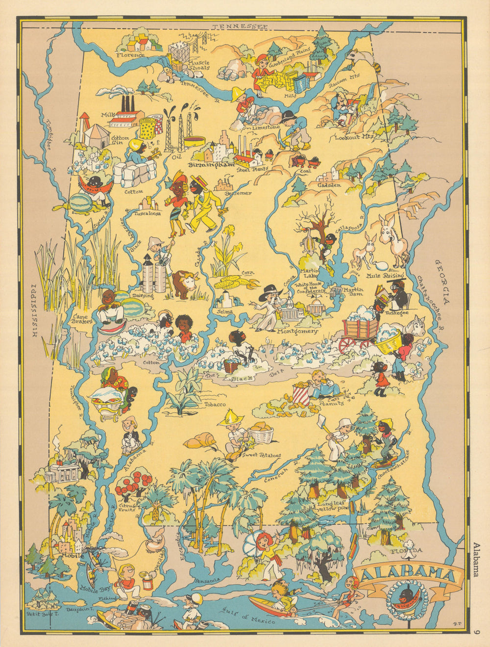 Alabama. Pictorial state map by Ruth Taylor White 1935 old vintage chart