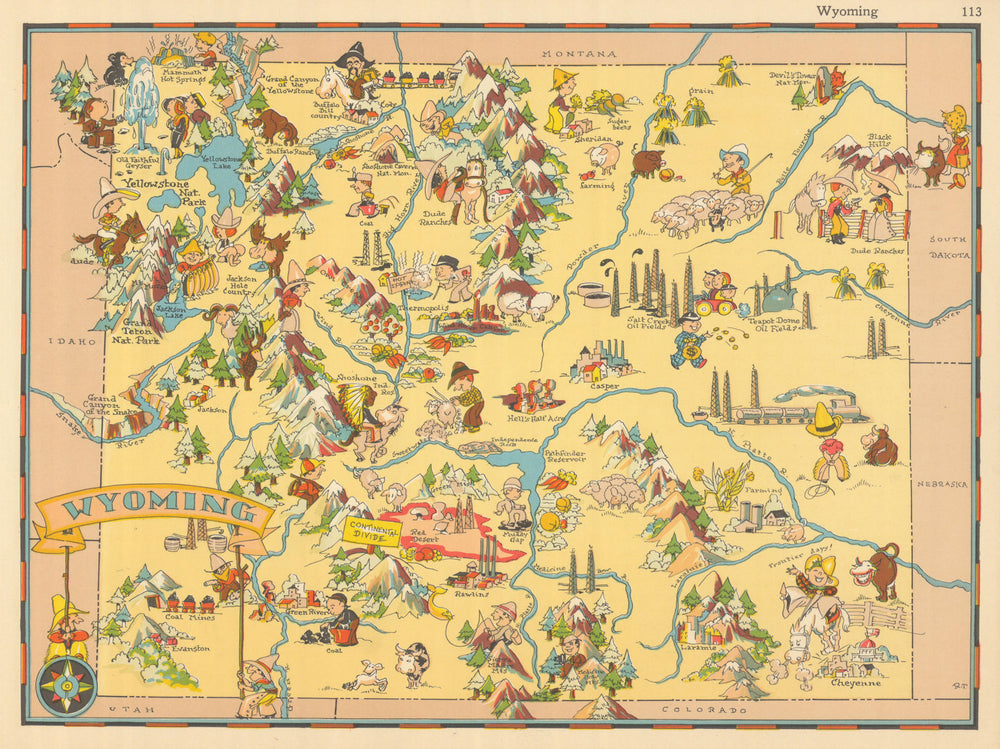 Wyoming. Pictorial state map by Ruth Taylor White 1935 old vintage chart