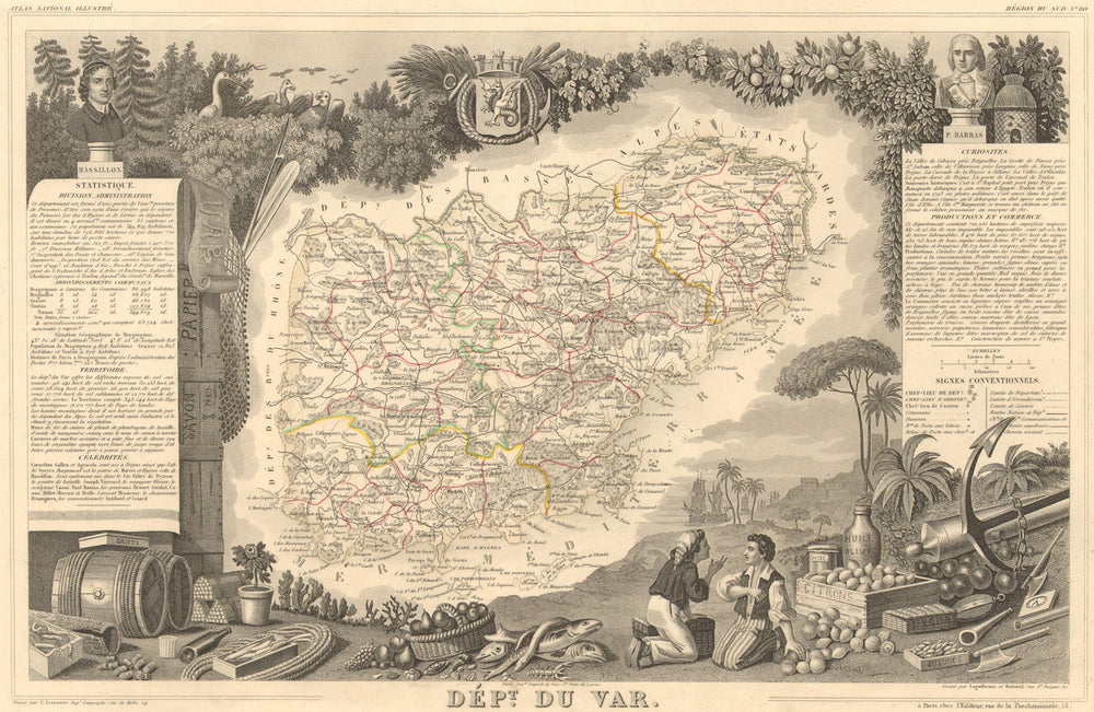 Département du VAR. Decorative antique map/carte by Victor LEVASSEUR 1852