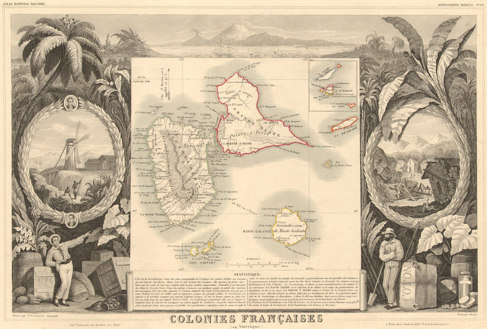 COLONIES FRANÇAISES EN AMÉRIQUE. Caribbean  Guadeloupe. LEVASSEUR 1852 old map