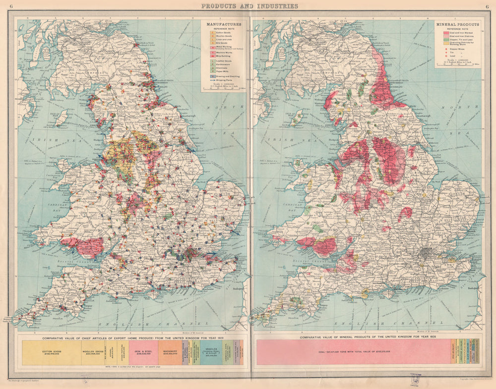 ENGLAND WALES.Mining Manufacturing Products Industries Coal Cu Tin Pb 1939 map
