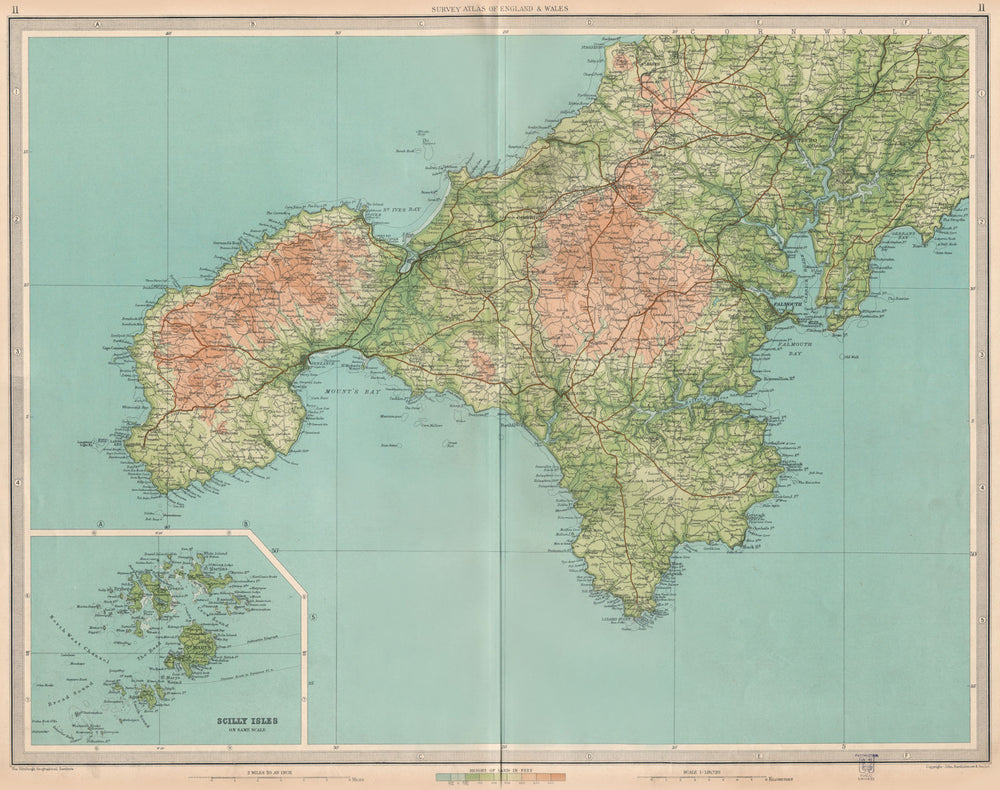 CORNWALL. Land's End Falmouth Scilly Isles Truro St Ives Redruth.LARGE 1939 map