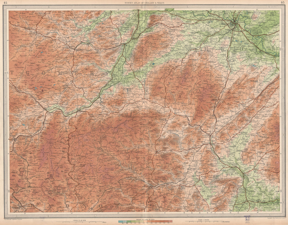 SHROPSHIRE HILLS. Montgomery Shrewsbury Ludlow Clun Welshpool Wales 1939 map