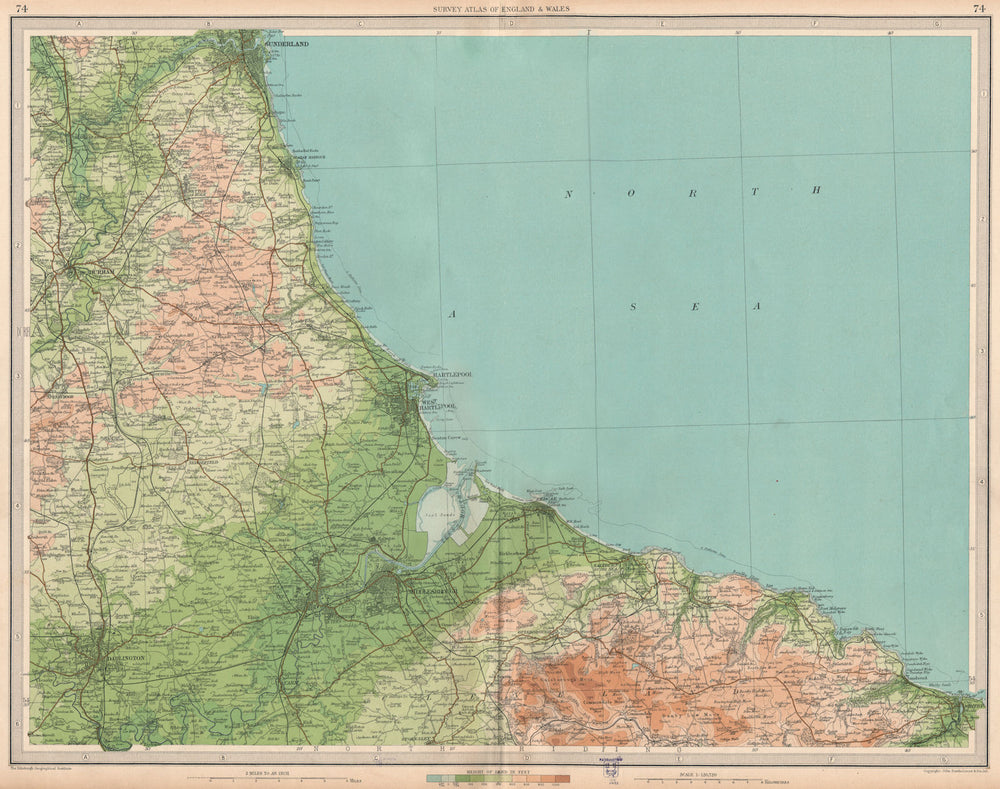 NE ENGLAND COAST. Teeside Middlesbrough Sunderland Darlington Whitby 1939 map