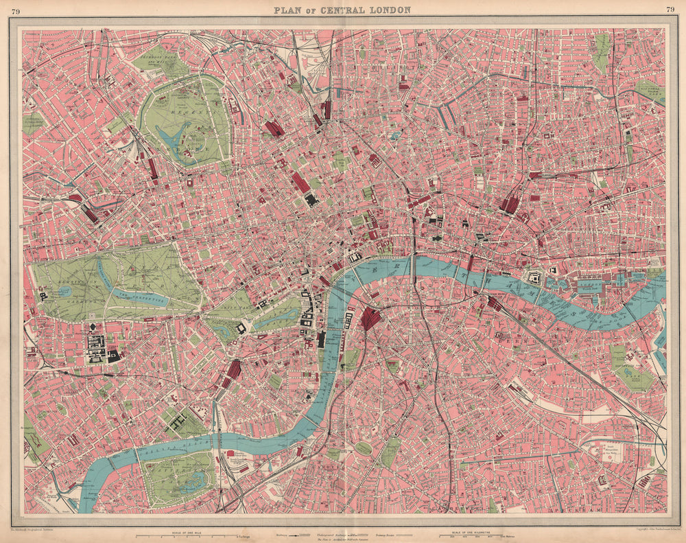 CENTRAL LONDON. Large detailed plan. Railways tube public buildings 1939 map
