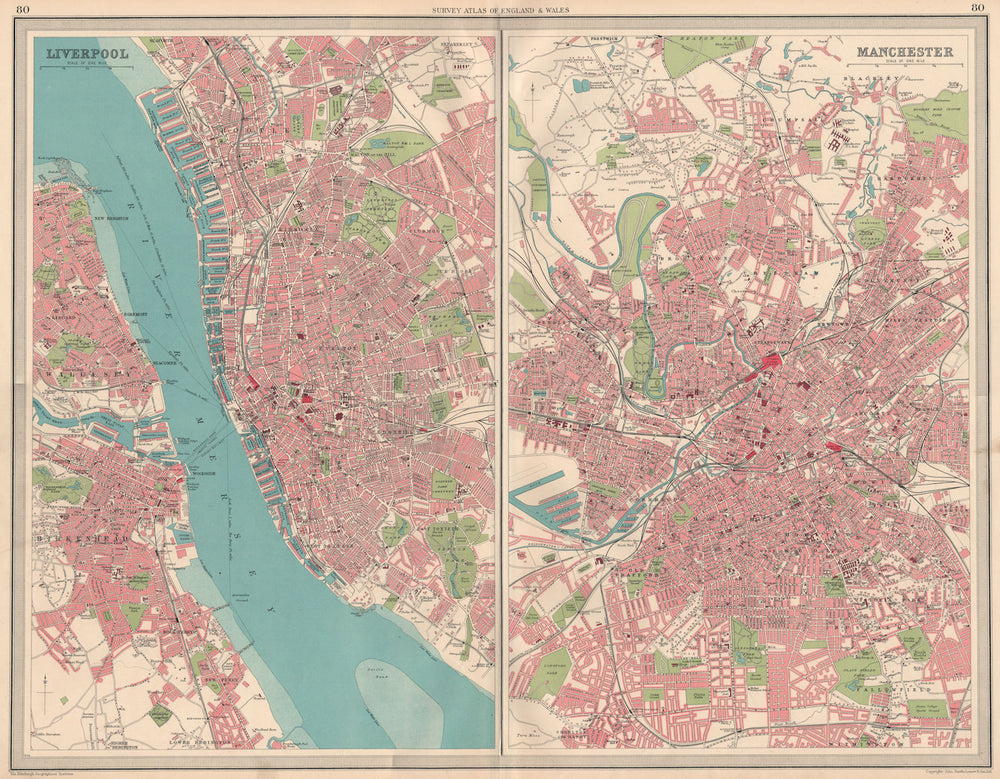 NW ENGLISH CITIES. Plans of Liverpool & Manchester. Birkenhead. LARGE 1939 map