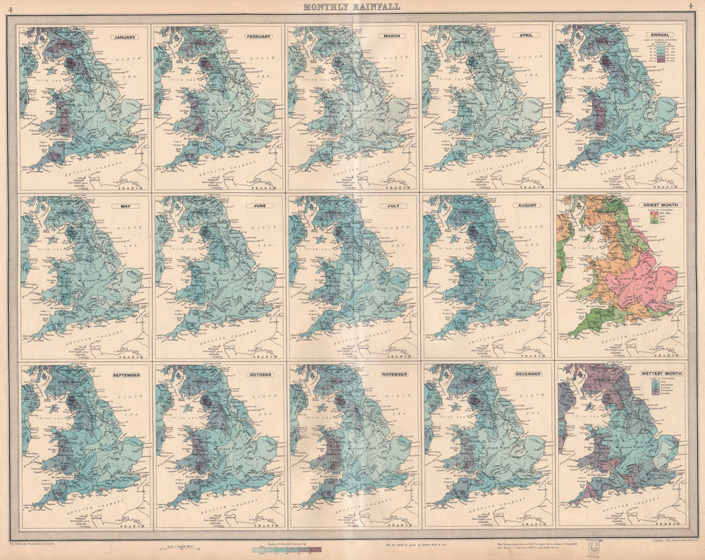 GREAT BRITAIN. England and Wales. Monthly & annual Rainfall. LARGE 1939 map