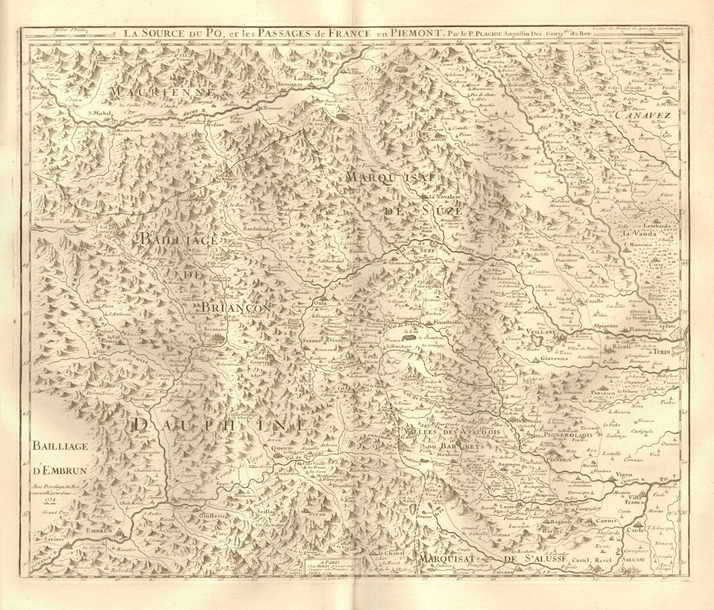 'La source du Po et les passages de France en Piémont'.River Po.PLACIDE 1734 map