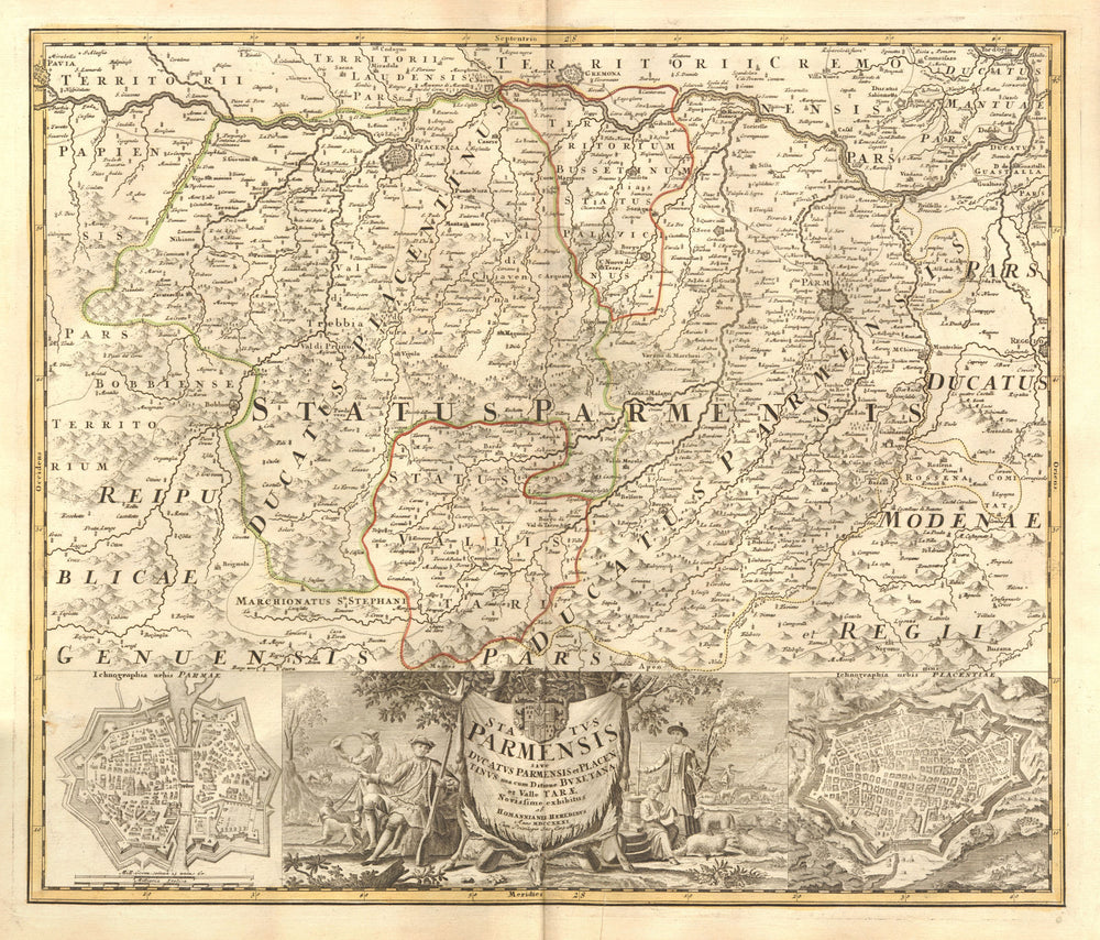 'Status Parmensis'. Duchy of Parma & Piacenza. Town plans. HOMANN 1731 old map
