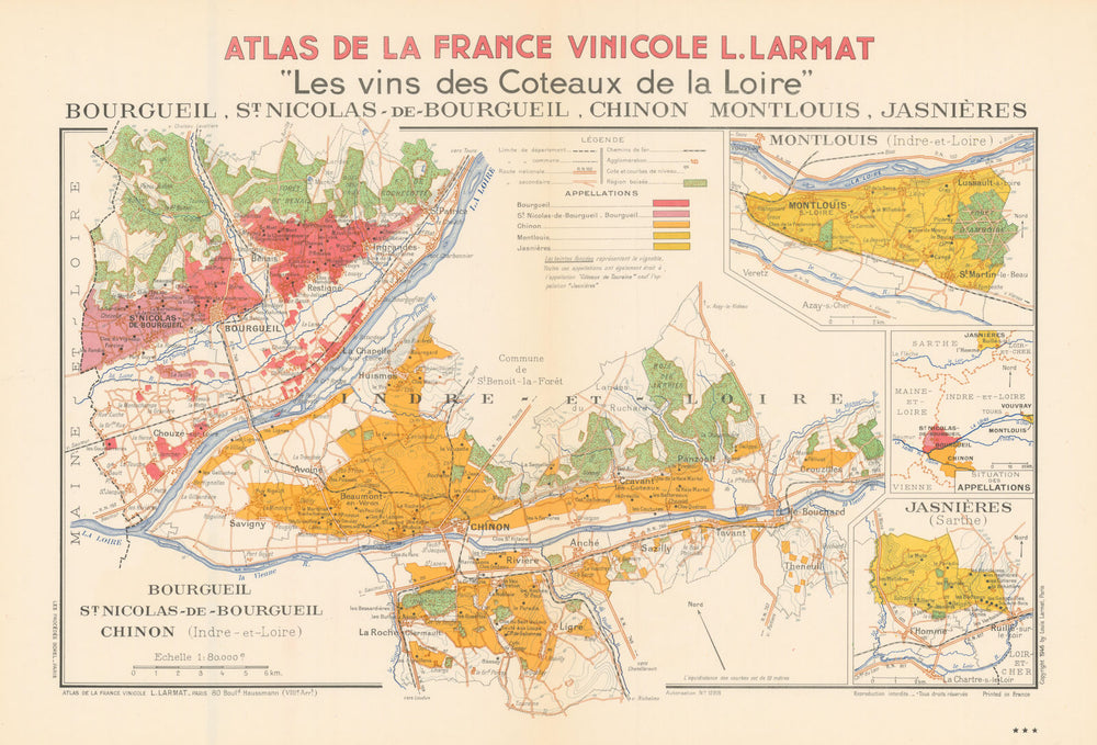 LOIRE VINEYARD MAP St Nicholas Bourgueil Chinon Montlouis Jasnières. LARMAT 1946