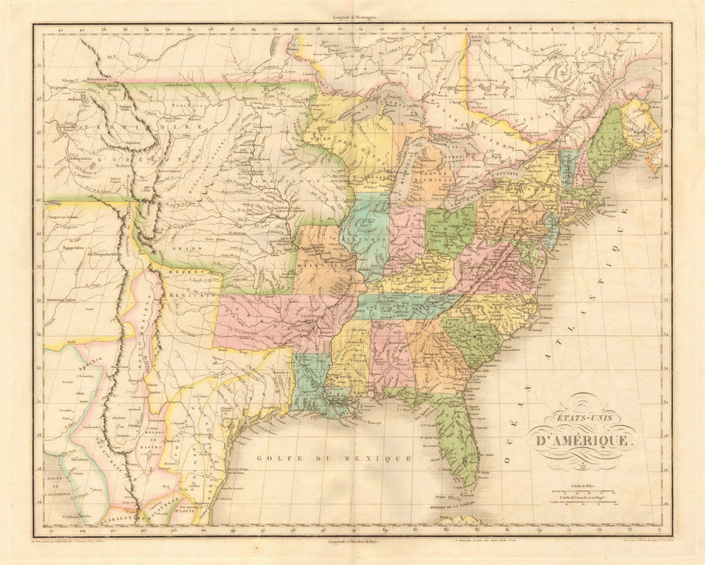 'Etats-Unis d'Amérique'. USA w/ 24 states + Oregon Territory. BUCHON 1825 map