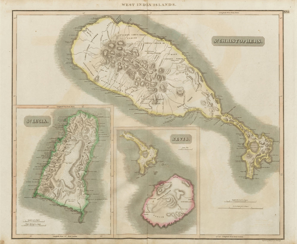 St Christophers, Nevis & St Lucia. St Kitts. West Indies. THOMSON 1817 old map