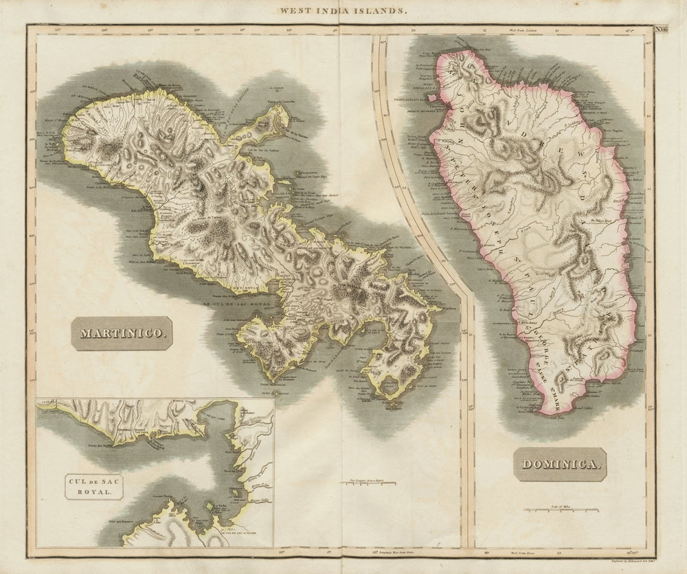 Dominica & "Martinico" (Martinique). Fort-de-France bay. THOMSON 1817 old map