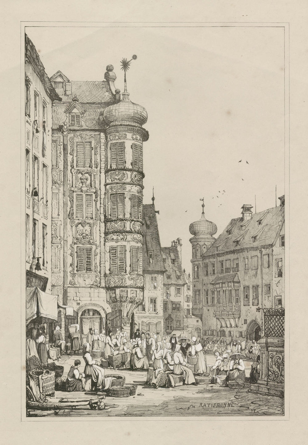 Ratisbonne. Regensburg. Rare lithograph by Samuel PROUT c1830 old print