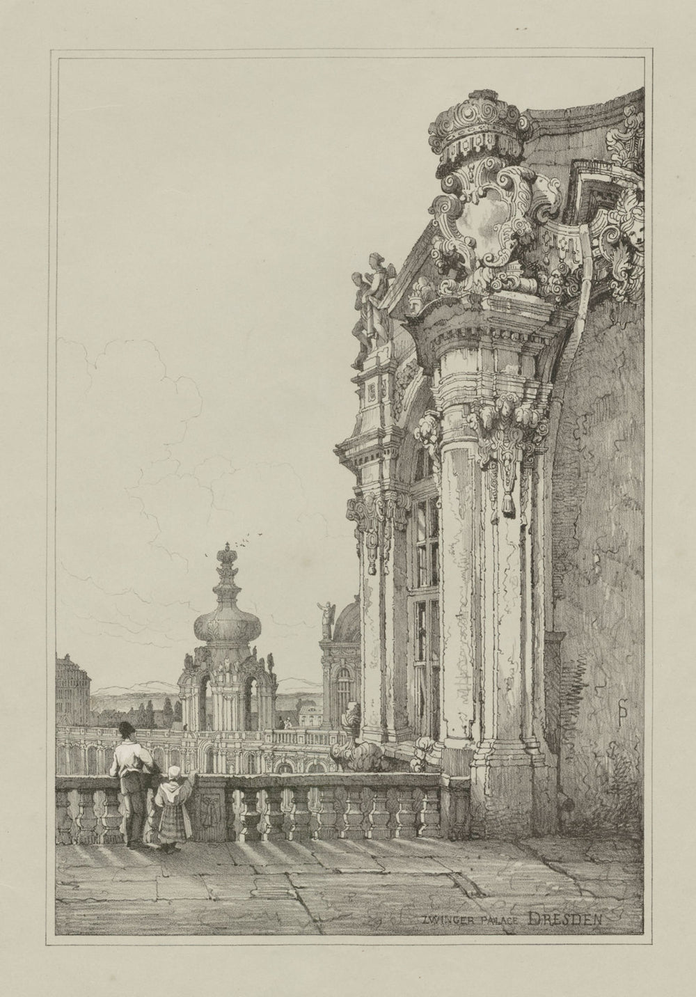 Zwinger Palace, Dresden. Rare lithograph by Samuel PROUT c1830 old print