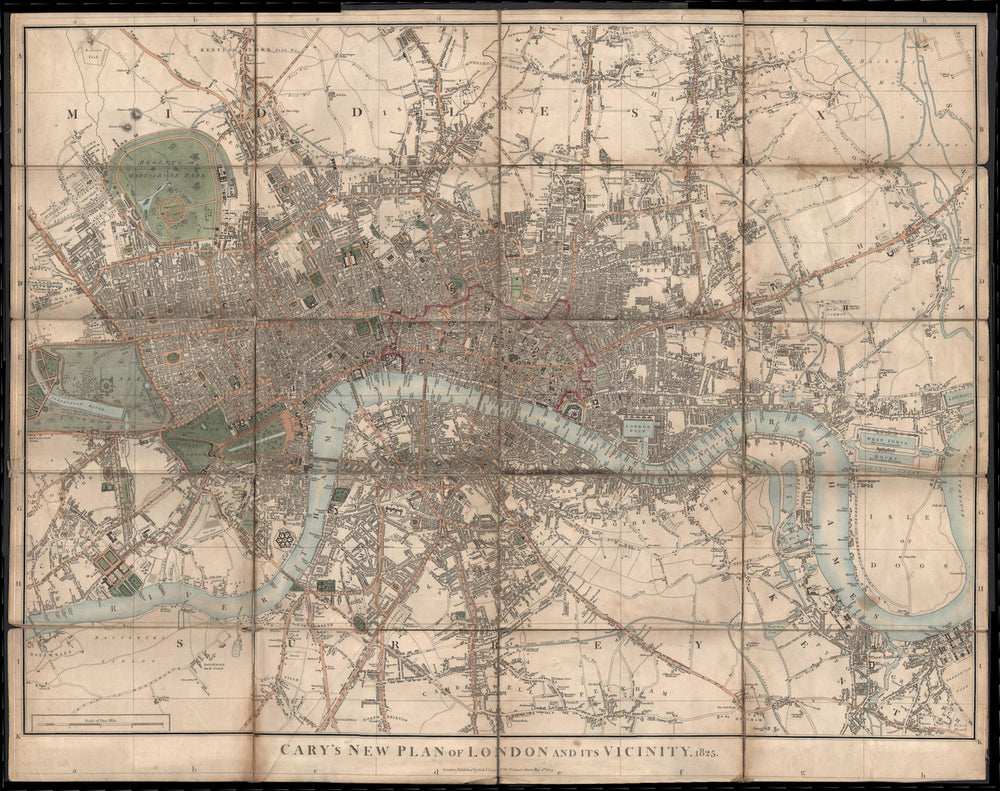 "Cary's New Plan of London and its Vicinity", by J & G Cary. 67x85cm 1825 map