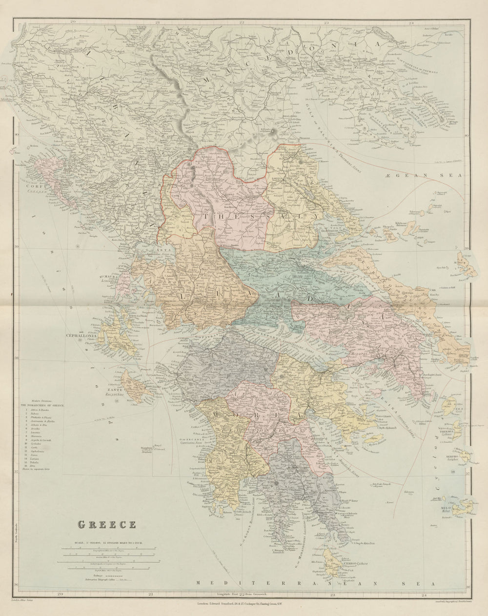 Greece. Nomarchies. Ionian Sporades Cyclades Morea Livadia. STANFORD 1896 map