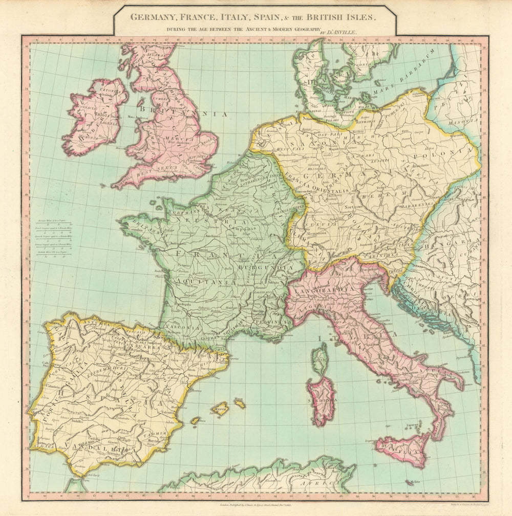 Western Europe "between the Ancient and Modern Geography". D'ANVILLE 1815 map