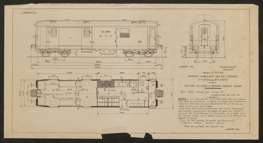 Bureau Ambulant des PTT Suisses z4i Serie 811 à 820 Swiss post rail car c1905