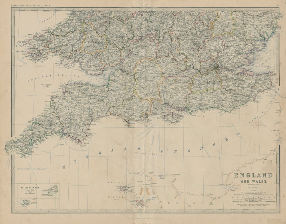 England & Wales (South) Scilly Islands English Channel 50x60cm JOHNSTON 1879 map
