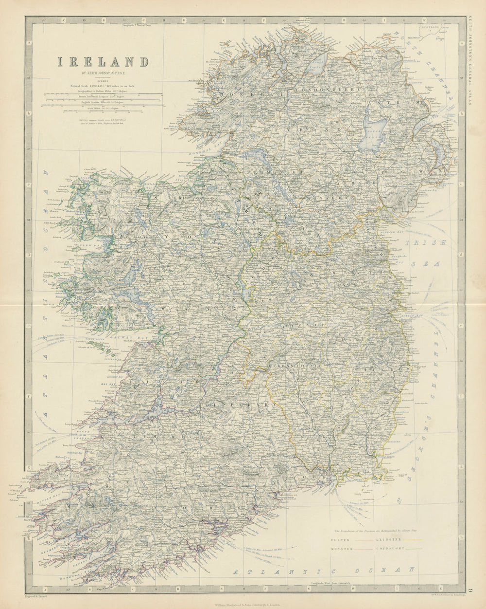 Ireland showing provinces & counties. Large 50x60cm. JOHNSTON 1879 old map