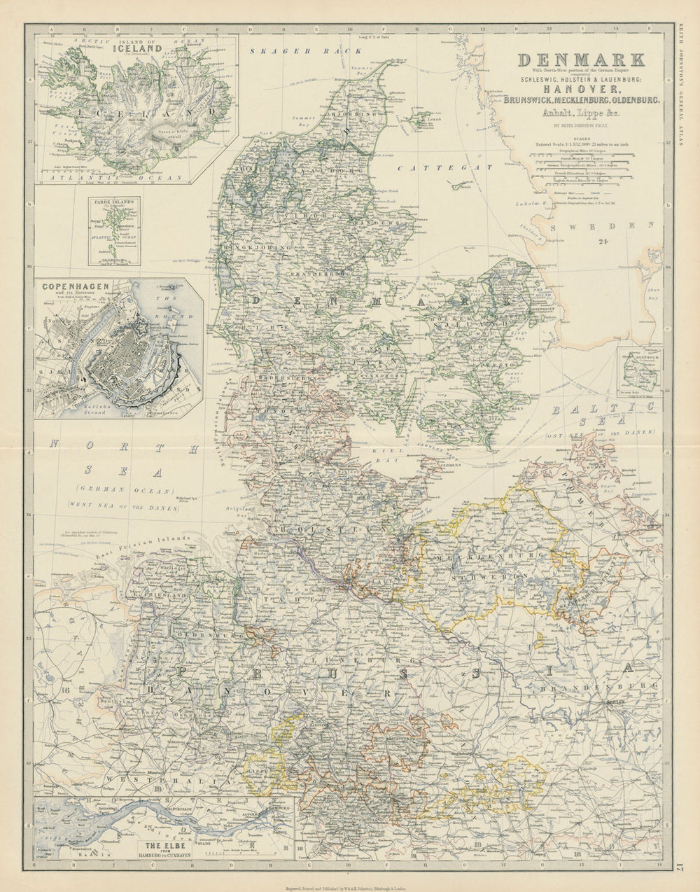 Denmark northern Germany Iceland Copenhagen The Elbe. 50x60cm. JOHNSTON 1879 map