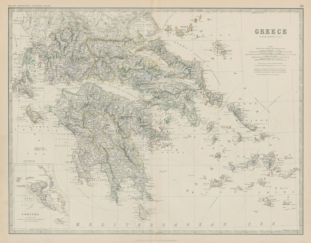 Greece Cyclades Saronic Sporades Ionian islands Aegean 50x60cm JOHNSTON 1879 map