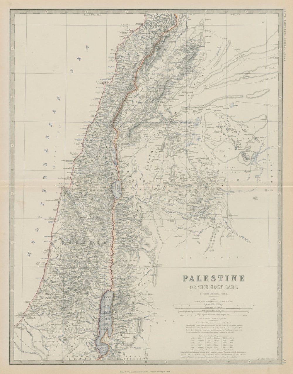 Palestine or the Holy Land including Lebanon 50x60cm. JOHNSTON 1879 old map