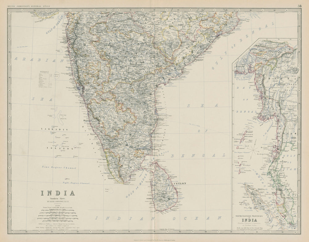 South India Ceylon Burma Straits Settlements Singapore 50x60cm JOHNSTON 1879 map