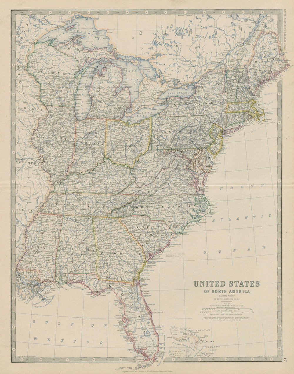 United States of North America (Eastern States). USA. 50x60cm. JOHNSTON 1879 map