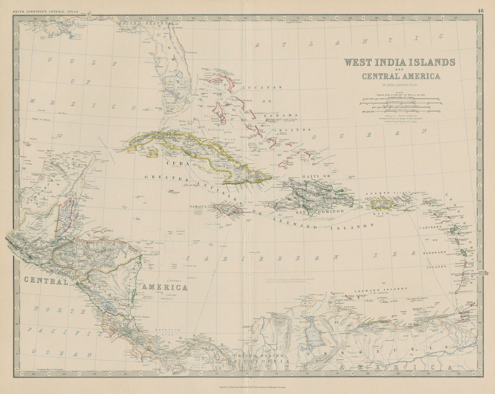 West India Islands & Central America. Caribbean. 50x60cm. JOHNSTON 1879 map