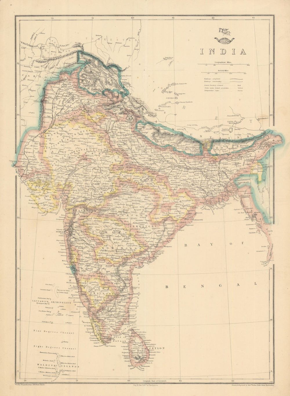 INDIA British/protected/ind states.Completed & planned railways.WELLER c1863 map