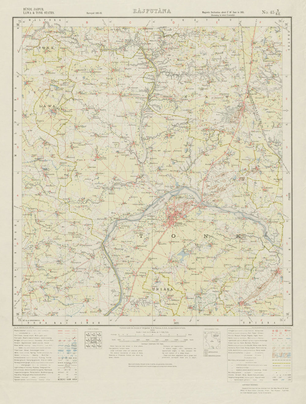 SURVEY OF INDIA 45 N/SE Rajasthan Tonk Niwai Banas River Kakor Banetha 1933 map