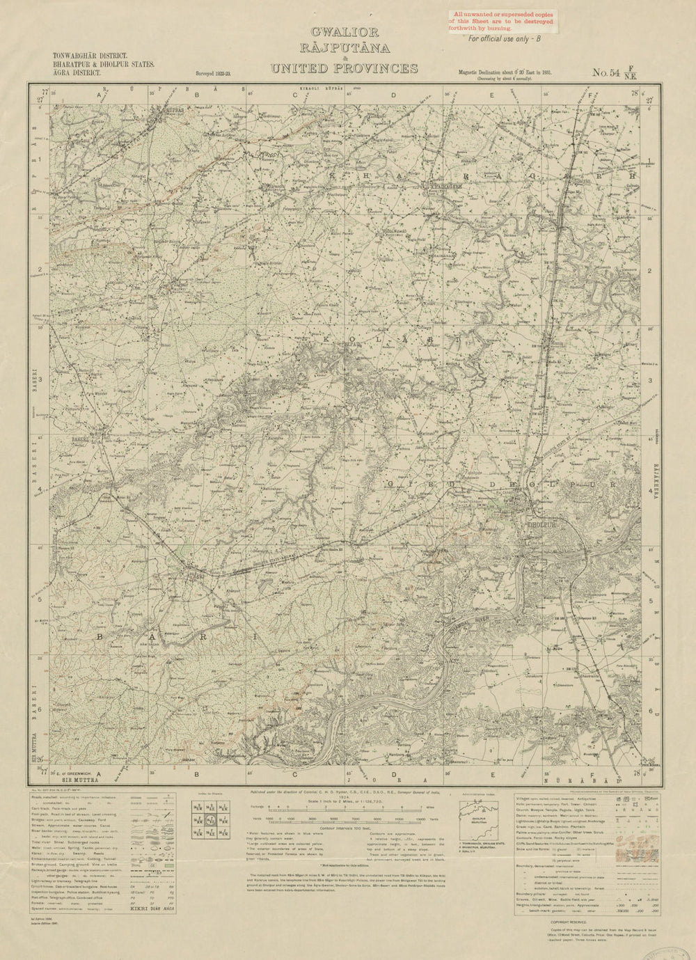 SURVEY OF INDIA 54 F/NE Madhya Pradesh Rajasthan Dholpur Bari Keragarh 1924 map
