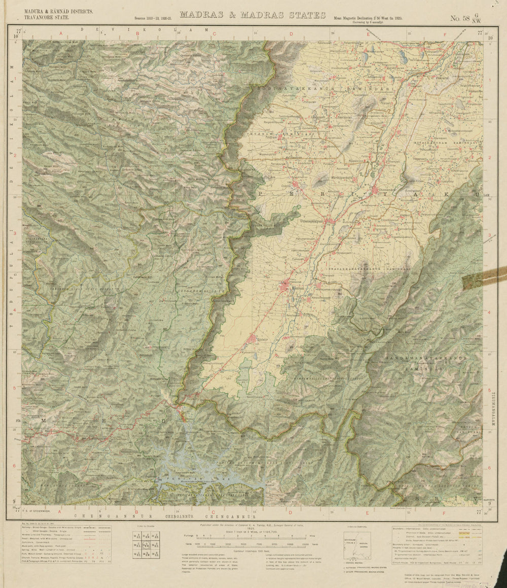 SURVEY OF INDIA 58 G/NW Tamil N. Kerala Cardomom Hills Periyar Thekkady 1925 map