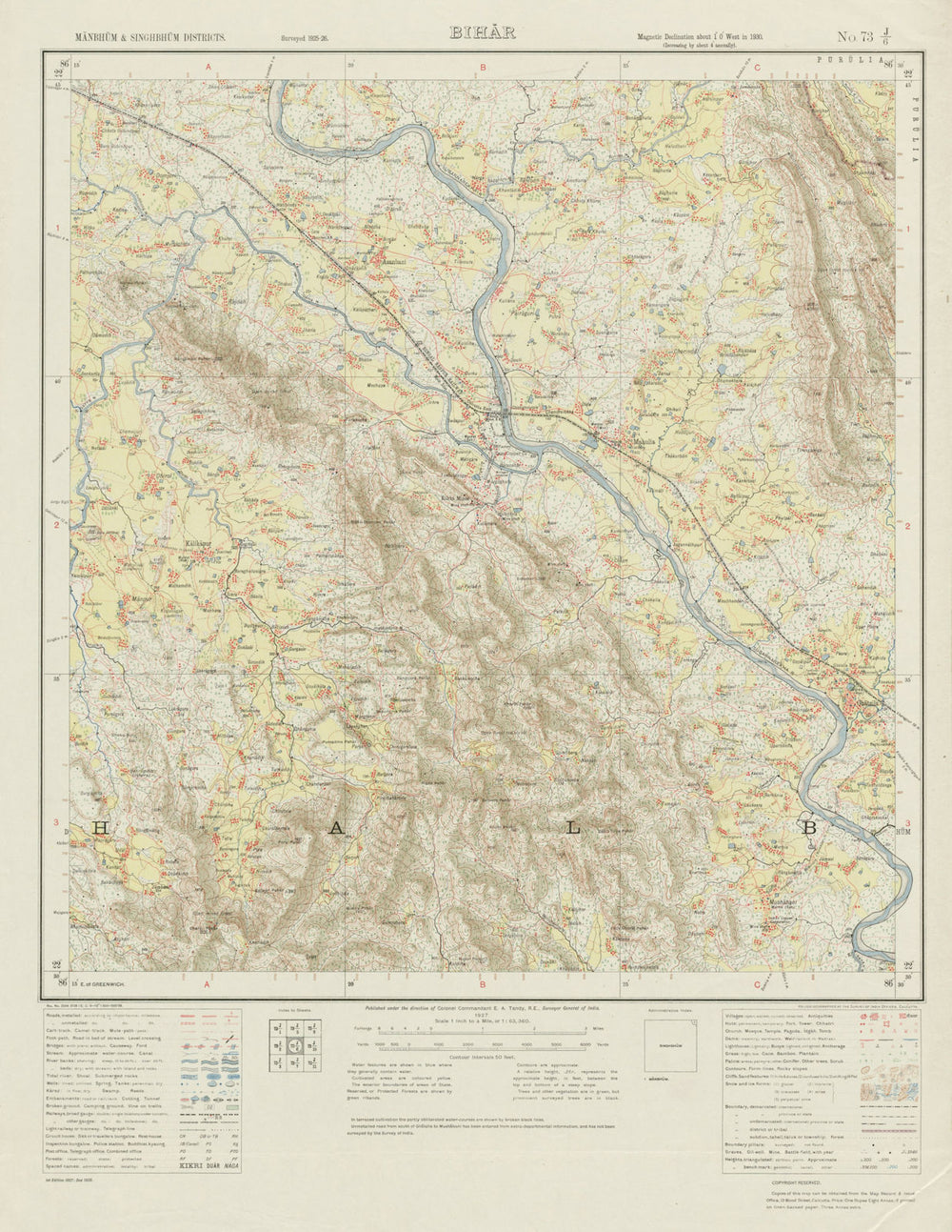SURVEY OF INDIA 73 J/6 Jharkhand Kalikapur Ghatshila Mahulia Musabani 1927 map