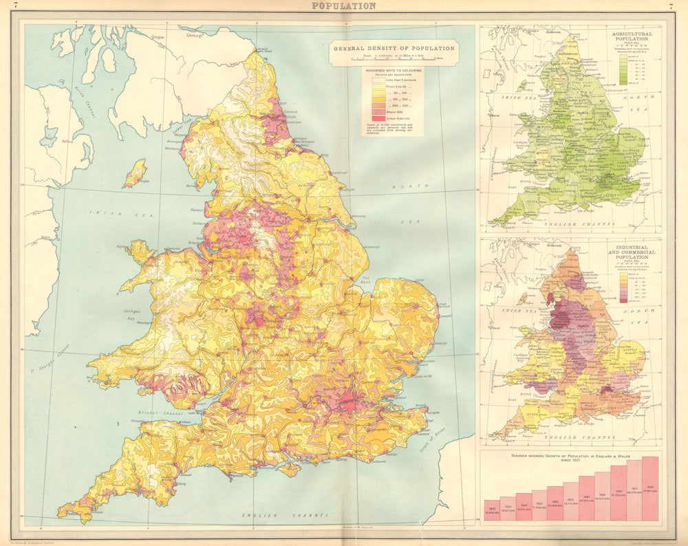 ENGLAND & WALES Population density agricultural industrial commercial 1939 map