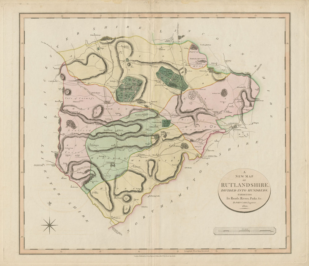 'A New Map of Rutlandshire', by John Cary. Oakham Uppingham. County map 1801