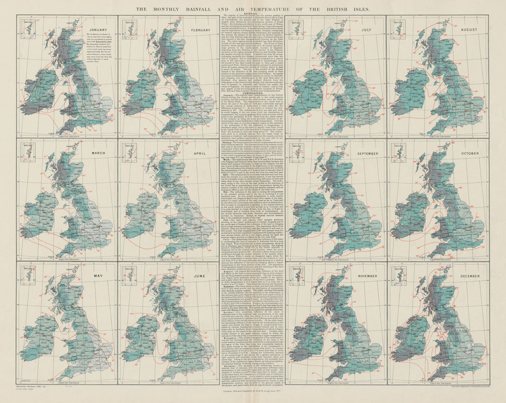 British Isles. Monthly rainfall & air temperature. 61x55cm. STANFORD 1904 map