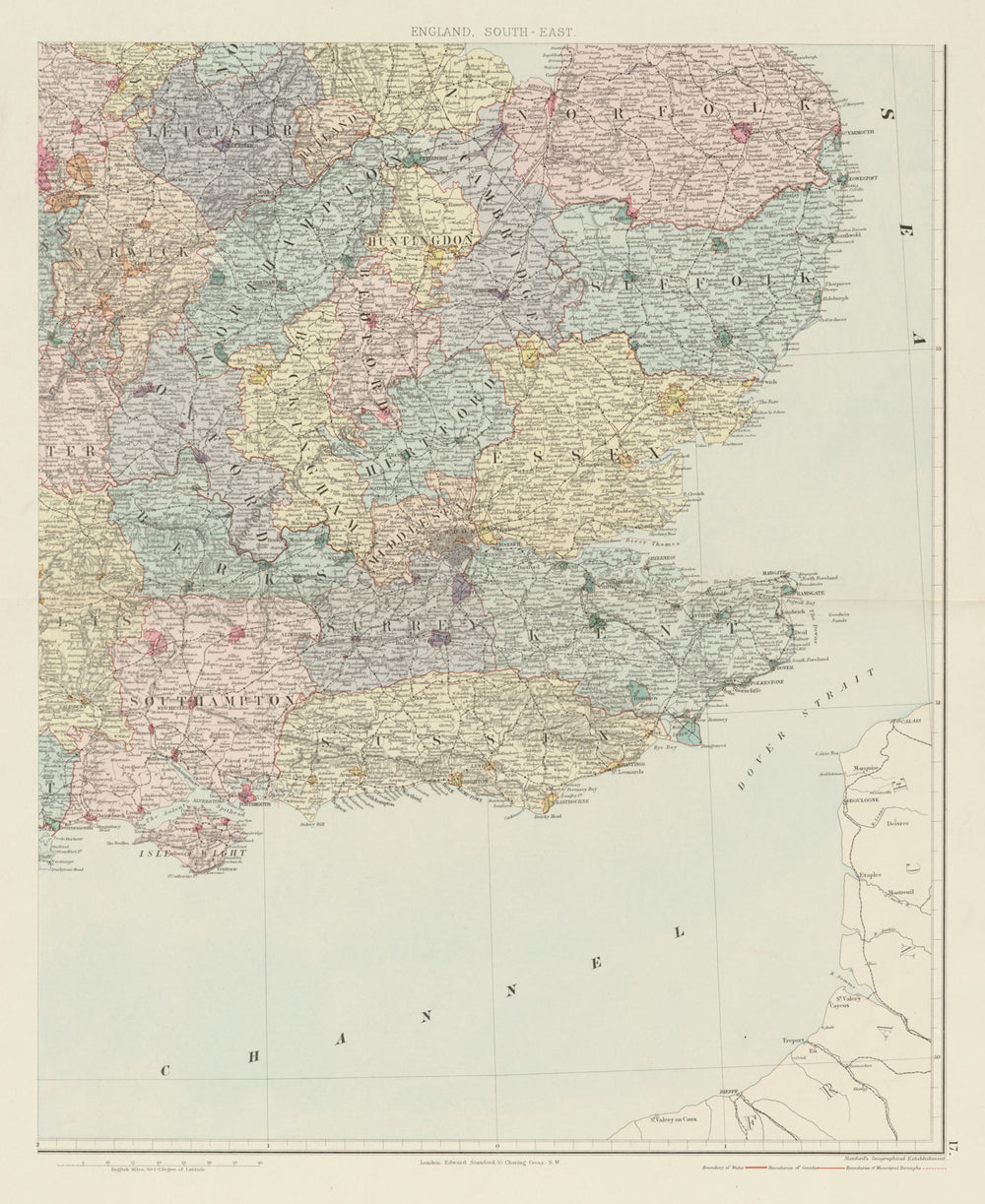 South east England. Counties & boroughs. Large 62x50cm. STANFORD 1887 old map
