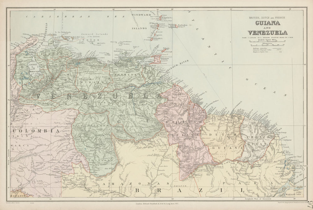 Venezuela. British, Dutch & French Guiana. Guyana. Suriname. STANFORD 1904 map