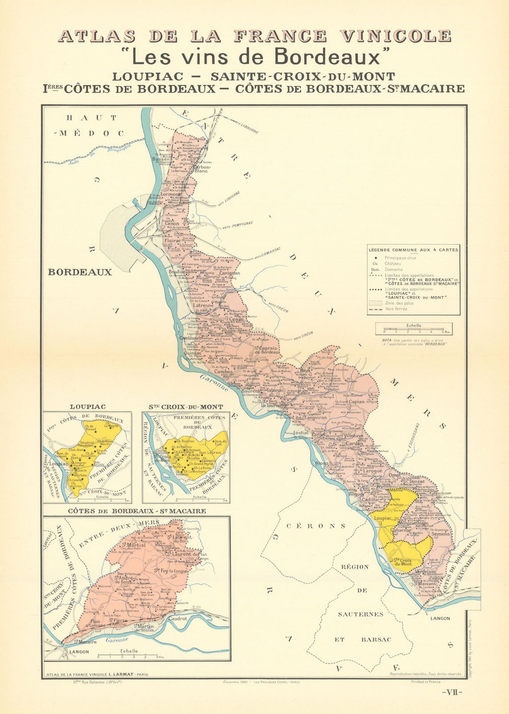 BORDEAUX VINS WINE MAP Loupiac Ste-Croix-Mont 1ères Côtes St Macaire LARMAT 1941