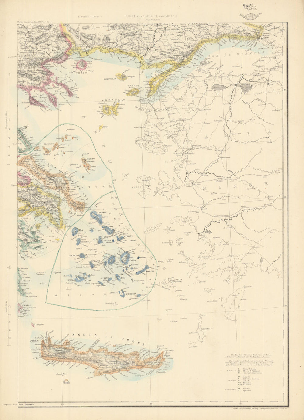 AEGEAN ISLANDS Cyclades Crete Sporades Dodecanese Euboea. ETTLING 1863 old map
