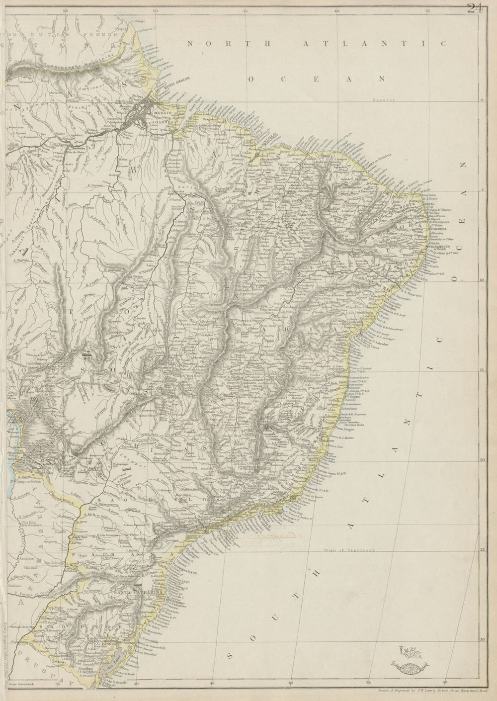 BRAZIL COAST / East sheet. Borders pre Paraguayan War 1864. LOWRY 1862 old map
