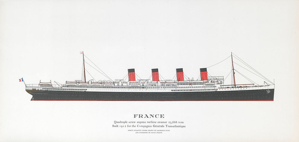 France ocean liner 1912. Compagnie Générale Transatlantique 1961 old print